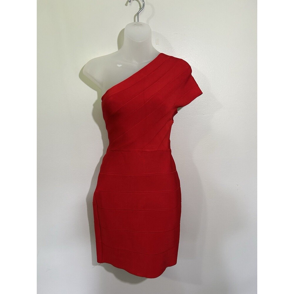 Hervé Léger Red One Shoulder Bandage Bodycon Mini Dress Size M